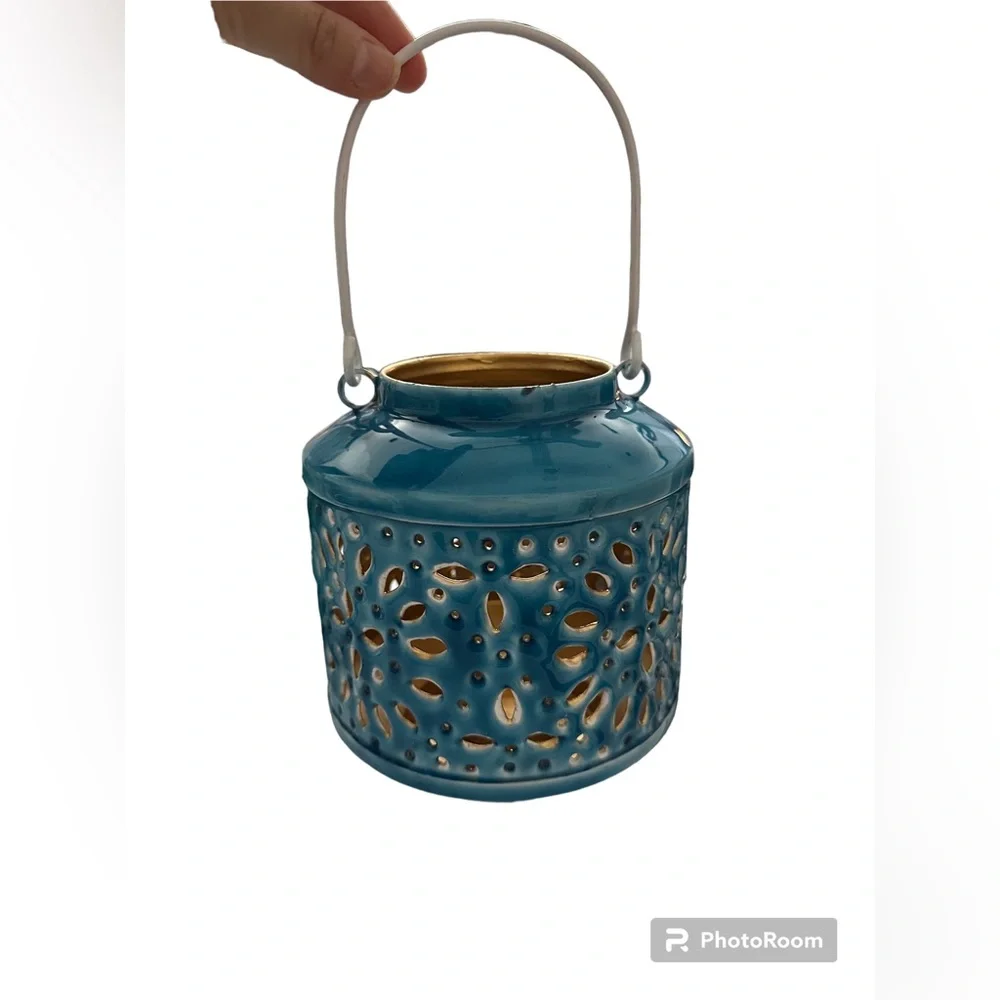 Hanging Tea Light Lantern in Blue Floral